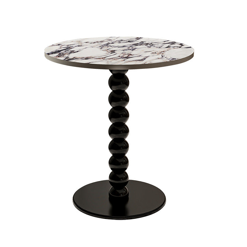 Traditional French Marble Stone Slab Rubber Wood Round Beaded Side Table With 1-Tier For Living Room