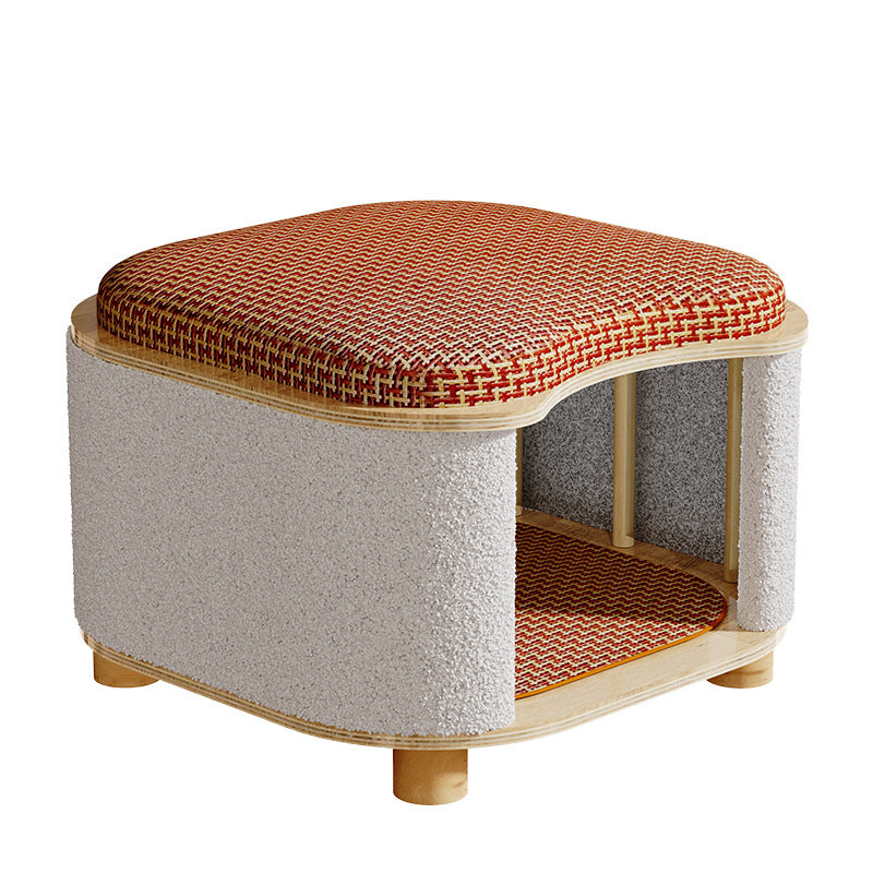 Traditional Chinese Solid Wood Rattan Mat Curved Square Cat House 2-Tier For Bedroom