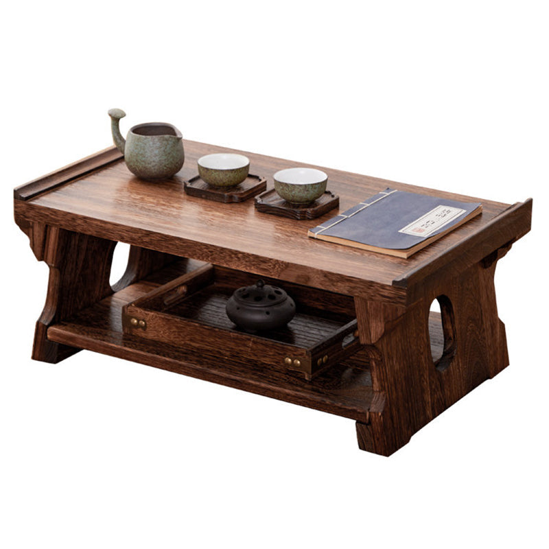 Traditional Japanese Paulownia Wood Foldable Rectangular Coffee Table 2-Tier For Living Room
