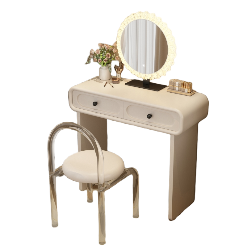Modern Minimalist Plywood Pine Glass Rounded Rectangular Makeup Vanity 2-Drawer For Bedroom
