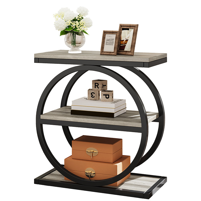 Contemporary Industrial MDF Carbon Steel Dual Ring Frame End Table 3-Tier Storage Shelves For Living Room