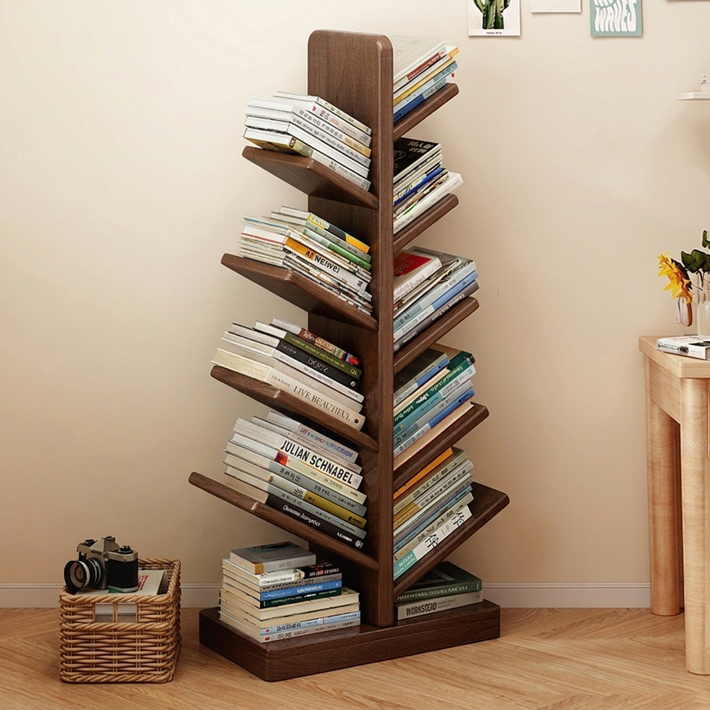 Contemporary Creative Large Capacity Christmas Tree Rubberwood Floor-Standing Bookshelf 8-Shelf For Study