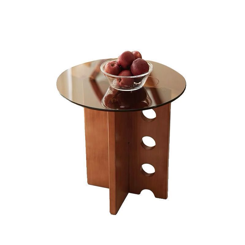 Traditional Vintage Round Solid Wood Glass Coffee Table 1-Tier For Living Room