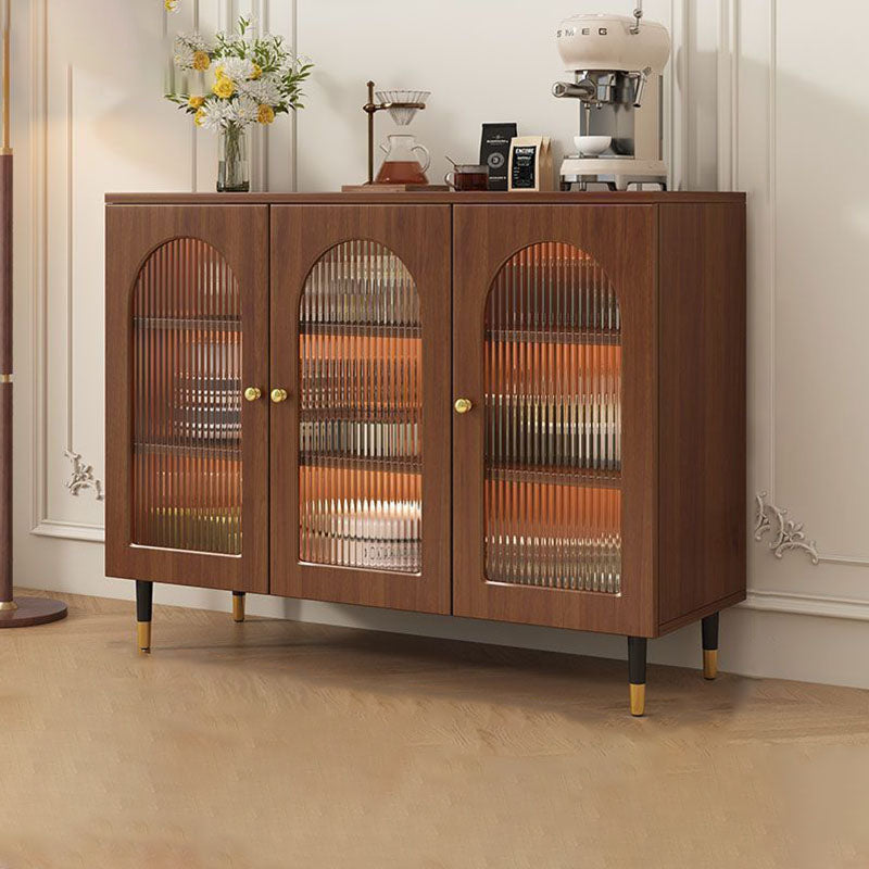 Traditional Rustic Rectangular Particle Board MDF Glass Faux Rattan Weaving Large Capacity Storage Cabinet 3-Tier For Living Room