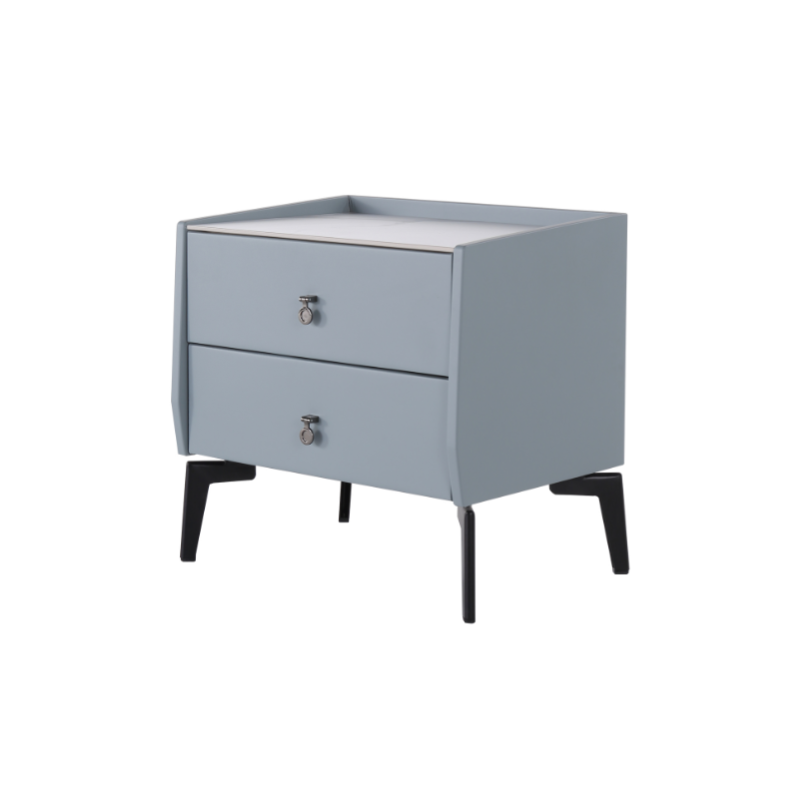 Stylish & Textured Nordic Nightstand - Sintered Rock Stone Top Airplane-Shaped Iron Legs Bedside Table 2-Drawer For Bedroom