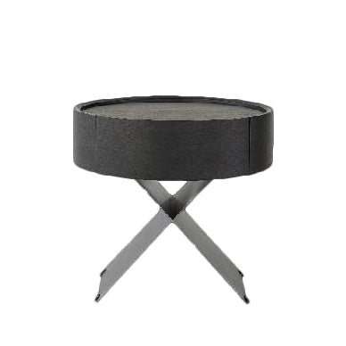 Contemporary Industrial Round Nightstand - Saddle Leather Finish Bedside Table 1-Drawer For Bedroom