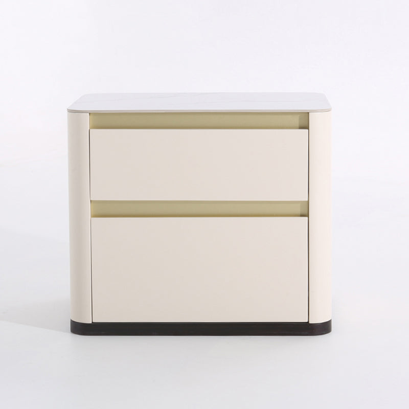 Modern Cream Rounded Corners Bedside Table - Sintered Stone 2 Drawer Nightstand For Bedroom