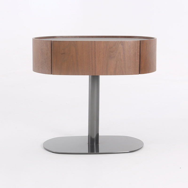 Traditional French Walnut Oval Bedside Table - Saddle Leather Surface 1 Drawer Nightstand For Bedroom