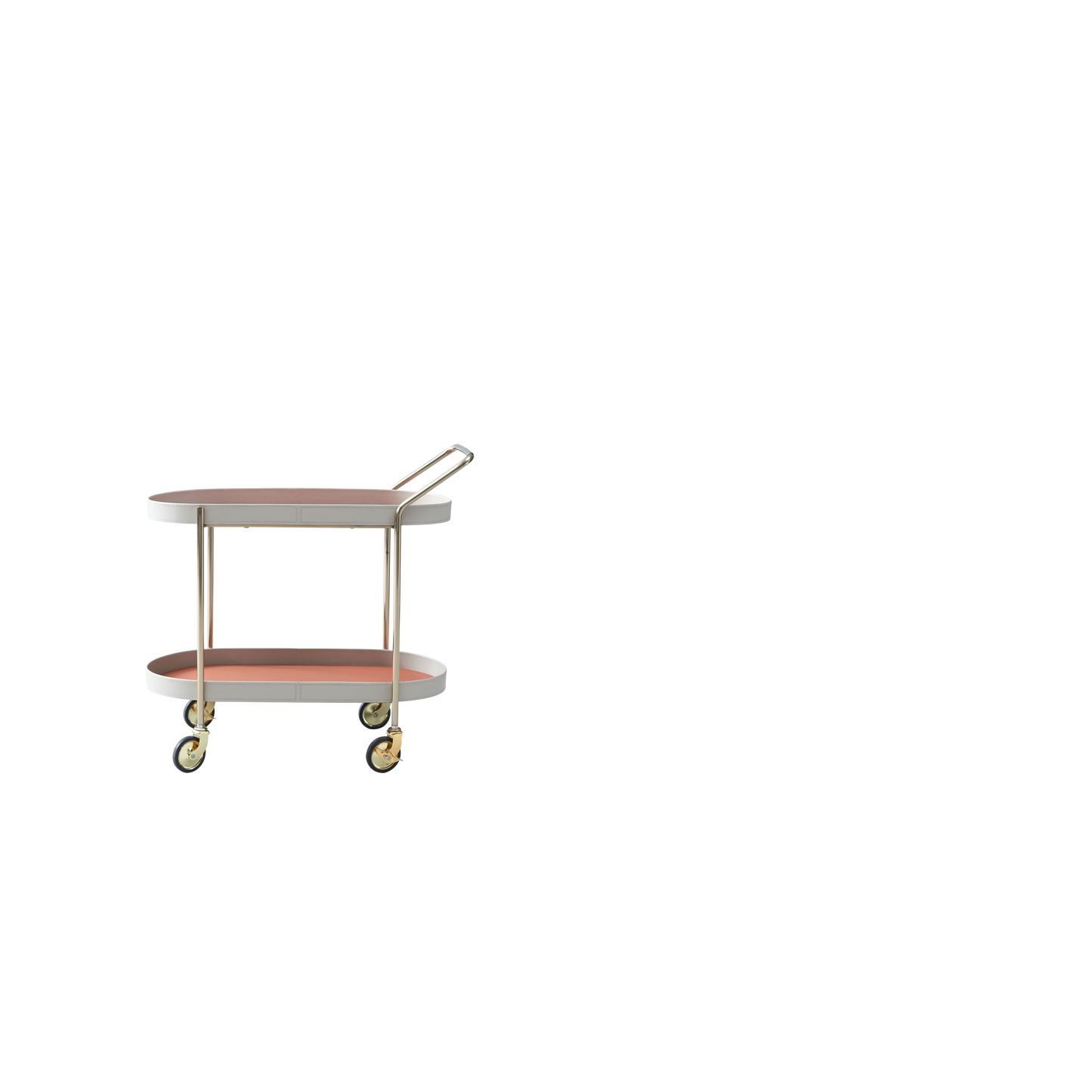 Mobile Oval Faux Saddle Leather Side Table With Gold Stainless Steel Frame -Creative Rolling Dual Tier Drink Trolley For Dining Room