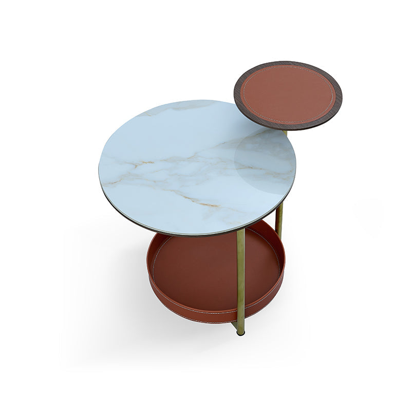 Two-Layer Round Rock Slab Ironwood Veneer Faux Saddle Leather End Table - Creative Accent Side Table For Living Room