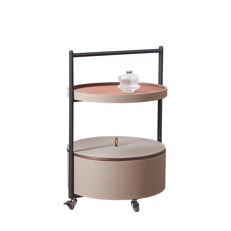 Smooth Casters Round Faux Saddle Leather End Table - Creative 1-Tier Accent Trolley For Living Room