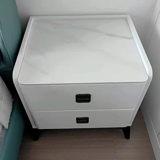 Modern Minimalist Square Rectangular MDF Iron Pine Wood Solid Wood Plywood Cat Scratch Leather Sintered Stone Nightstand 2-Drawer For Bedroom