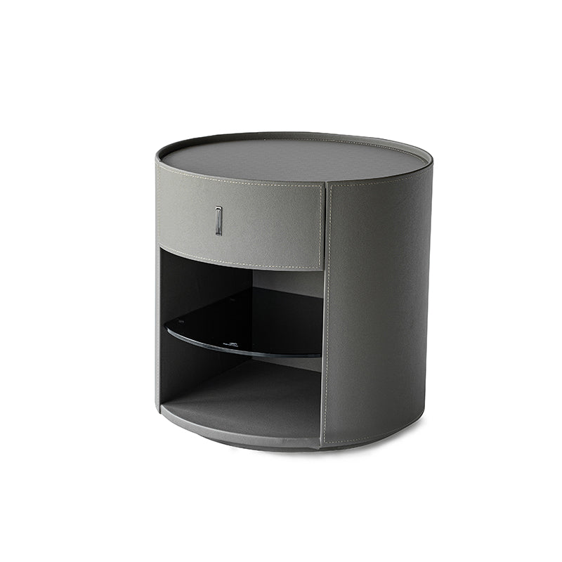 Contemporary Circular Round Bedside Table - Microfiber Leather 1 Drawer Nightstand For Bedroom