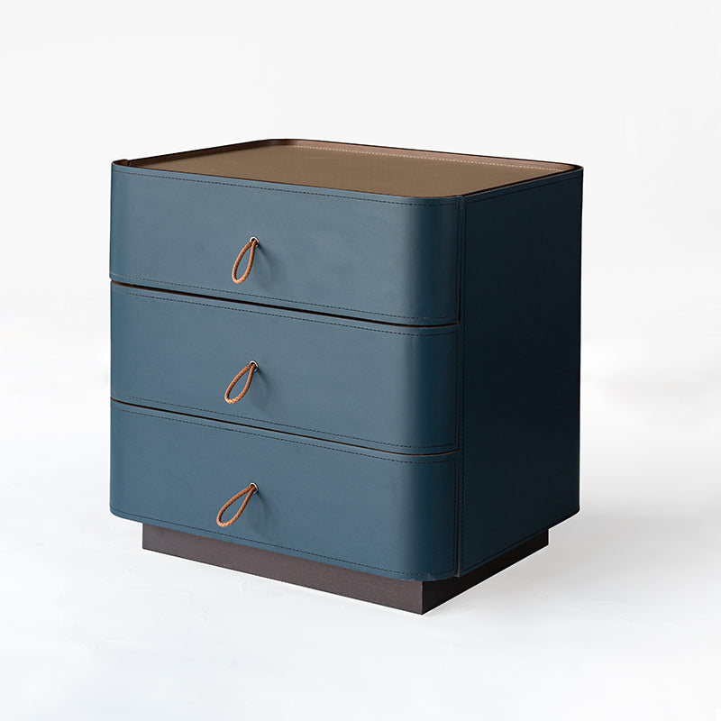 Modern Luxury Rounded Corner Curved Side Table - Faux Saddle Leather 3-Drawer Nightstand For Bedroom