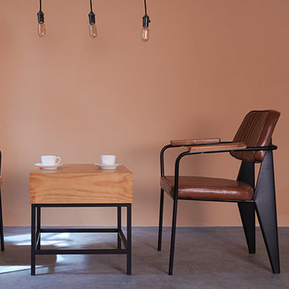 Traditional Vintage Rectangular Faux Oil-Waxed Leather Solid Wood Steel Dining Chair Backrest Armrest For Dining Room
