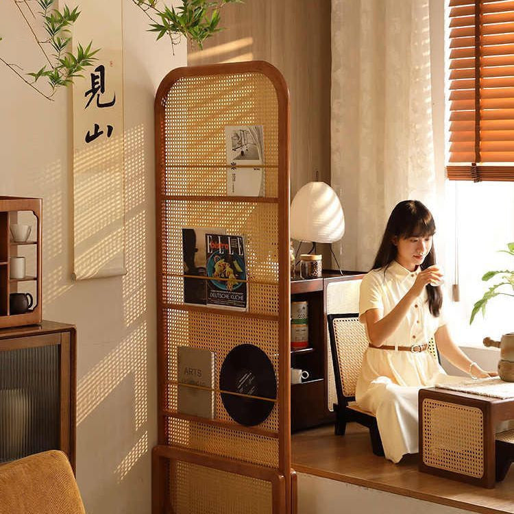 Traditional Chinese Rubberwood PE Rattan Room Divider With 3-Tier Storage Shelf For Living Room