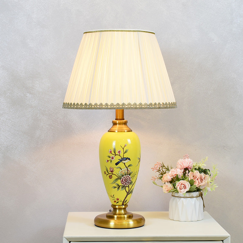 Traditional Chinese Cylindrical Floral And Bird Pattern Metal Ceramic Fabric 1-Light Table Lamp For Bedroom