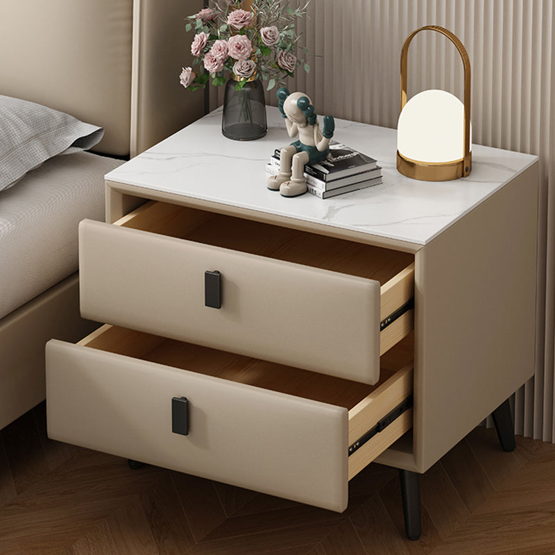 Modern Minimalist Rectangular Stone Slab Cat's Paw Leather Medium Density Fiberboard Pine Wood Carbon Steel Nightstand 2 -Drawer For Bedroom