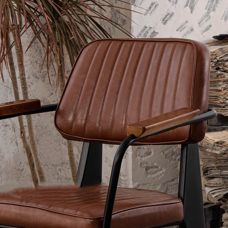 Traditional Vintage Rectangular Faux Oil-Waxed Leather Solid Wood Steel Dining Chair Backrest Armrest For Dining Room