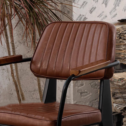 Traditional Vintage Rectangular Faux Oil-Waxed Leather Solid Wood Steel Dining Chair Backrest Armrest For Dining Room