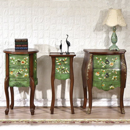 Traditional European Square Round Flower Painted Birch Rubber Wood MDF Metal Side Table 2-Drawer For Living Room
