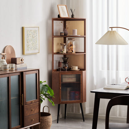 Traditional Vintage Nan Bamboo Medium Density Fiberboard PE Rattan Acrylic Hardware Bookshelf 1-Cabinet & 3-Tier For Living Room
