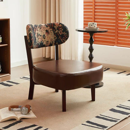 Traditional French Rectangular Cotton-Linen Fabric Faux Oiled Leather Solid Wood Accent Chair Backrest Armless For Living Room