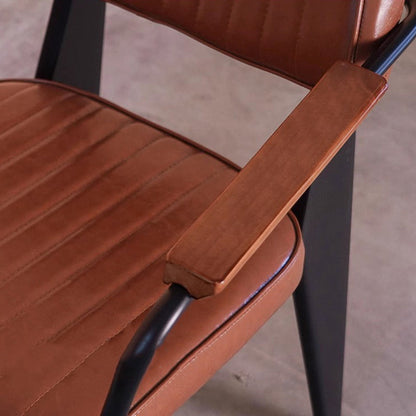 Traditional Vintage Rectangular Faux Oil-Waxed Leather Solid Wood Steel Dining Chair Backrest Armrest For Dining Room