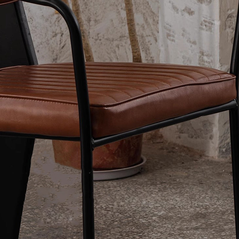 Traditional Vintage Rectangular Faux Oil-Waxed Leather Solid Wood Steel Dining Chair Backrest Armrest For Dining Room