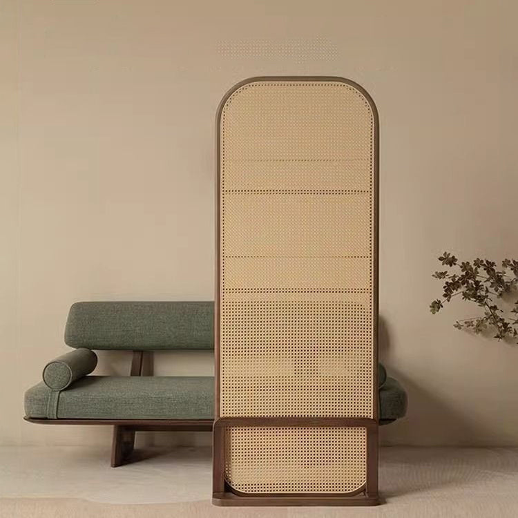Traditional Chinese Rubberwood PE Rattan Room Divider With 3-Tier Storage Shelf For Living Room
