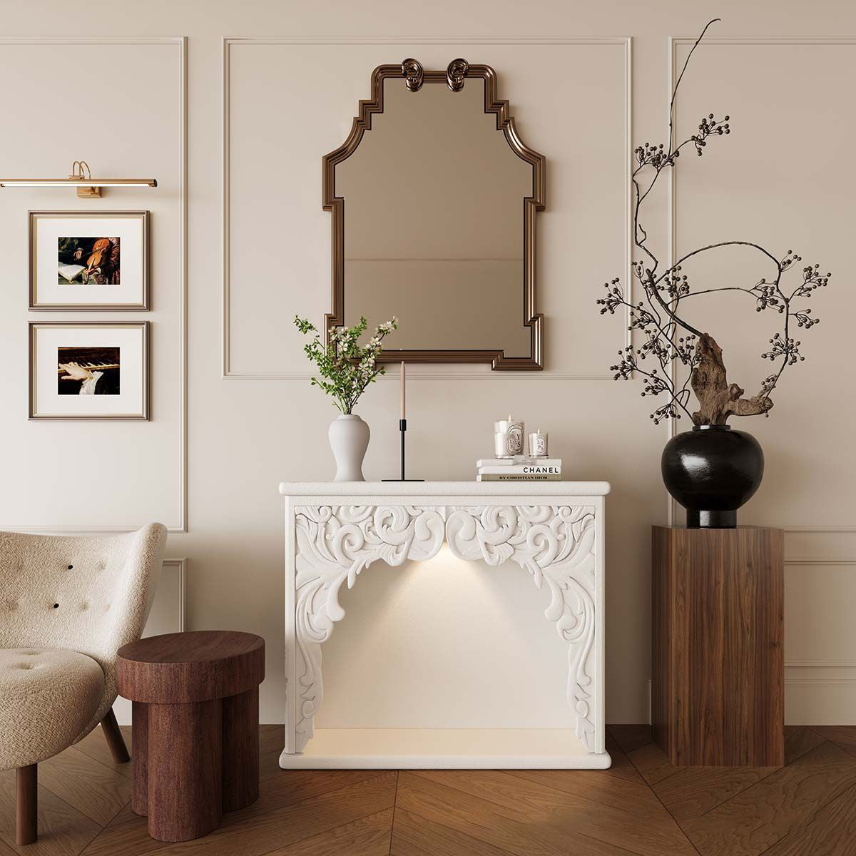 Traditional French Square Medium-Density Fiberboard Mantel Console Table For Living Room