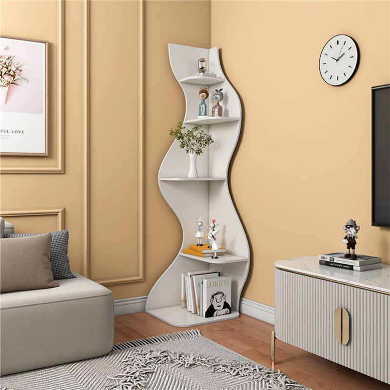 Contemporary Creative Seagrass-Shaped Particleboard Corner Shelf Unit 5-Tier For Living Room