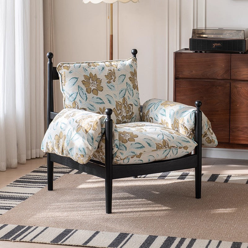 Traditional French Rectangular Fabric Oak Accent Chair Backrest Armrest For Living Room
