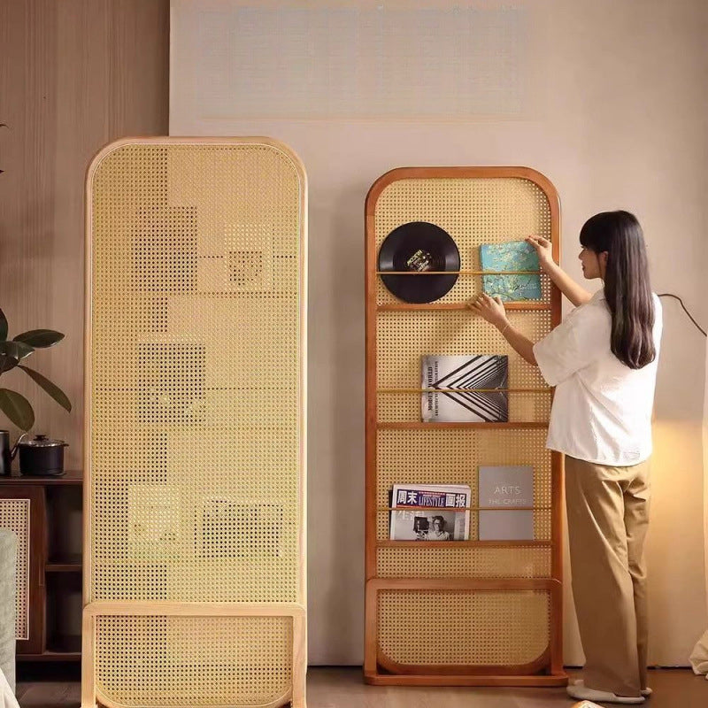 Traditional Chinese Rubberwood PE Rattan Room Divider With 3-Tier Storage Shelf For Living Room