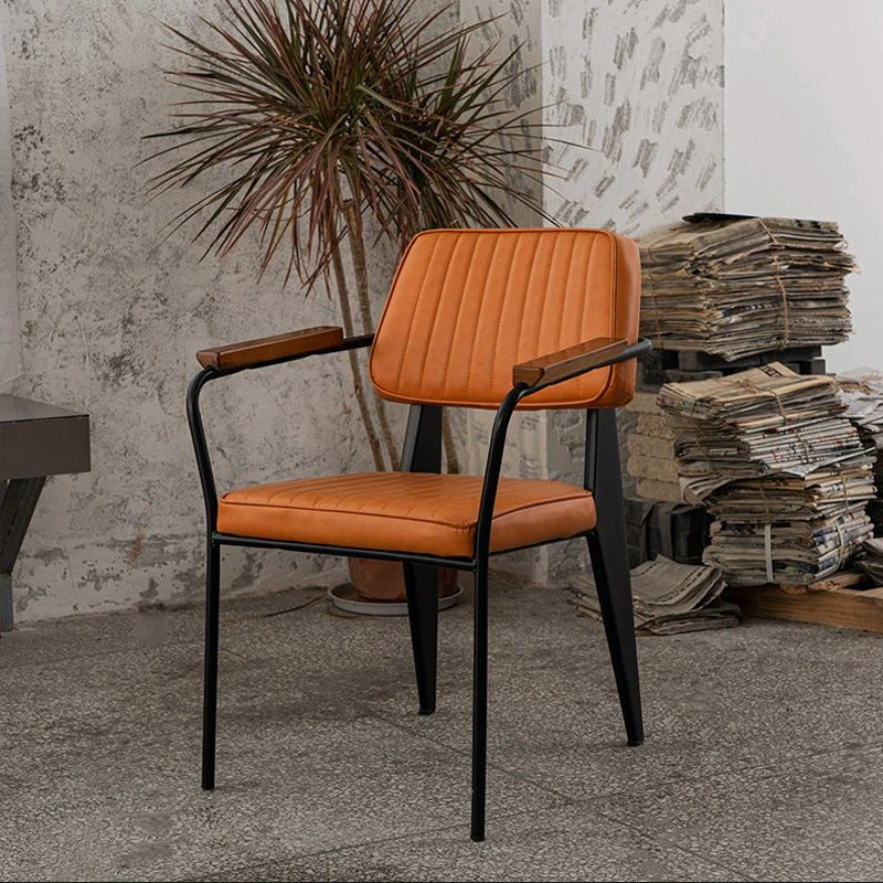 Traditional Vintage Rectangular Faux Oil-Waxed Leather Solid Wood Steel Dining Chair Backrest Armrest For Dining Room