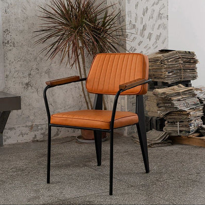 Traditional Vintage Rectangular Faux Oil-Waxed Leather Solid Wood Steel Dining Chair Backrest Armrest For Dining Room