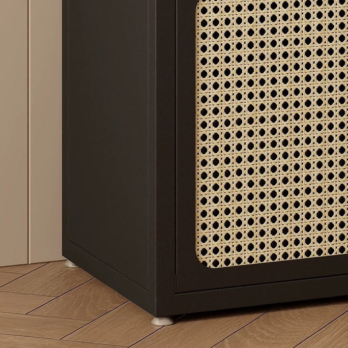 Traditional Chinese Square Carbon Steel Tempered Glass PE Rattan Side Table 1-Cabinet 1-Tier For Living Room