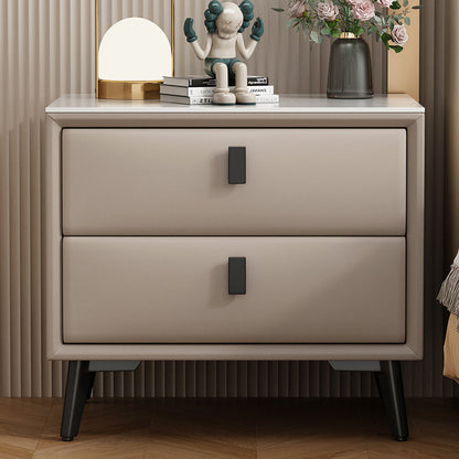 Modern Minimalist Rectangular Stone Slab Cat's Paw Leather Medium Density Fiberboard Pine Wood Carbon Steel Nightstand 2 -Drawer For Bedroom