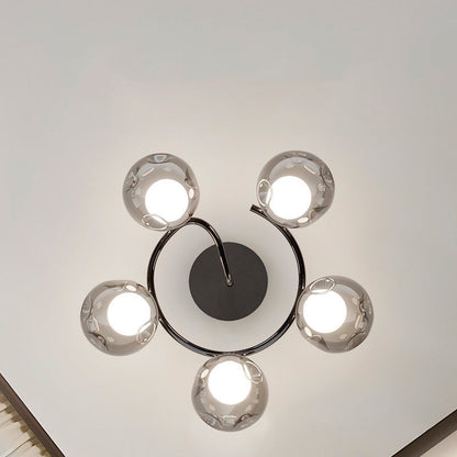 Modern Mid-Century Round Electroplated Glass Stainless Steel Carbon Steel 5-Light Semi-Flush Mount Ceiling Light For Living Room