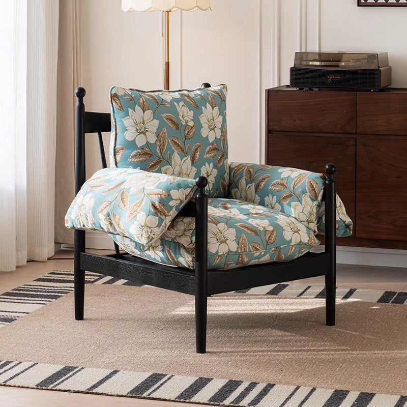 Traditional French Rectangular Fabric Oak Accent Chair Backrest Armrest For Living Room