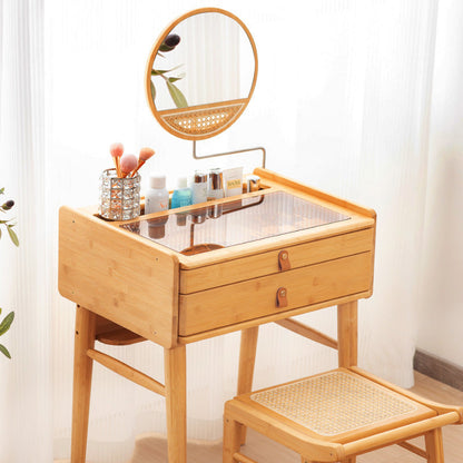 Traditional Rustic Rectangular Bamboo Stainless Steel Resin Glass Makeup Vanity 2-Drawer For Bedroom
