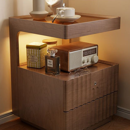 Contemporary Nordic Rectangular Rubberwood Pine Wood Tempered Glass Zinc Alloy Nightstand 2-Drawer For Bedroom
