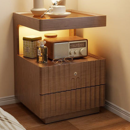 Contemporary Nordic Rectangular Rubberwood Pine Wood Tempered Glass Zinc Alloy Nightstand 2-Drawer For Bedroom