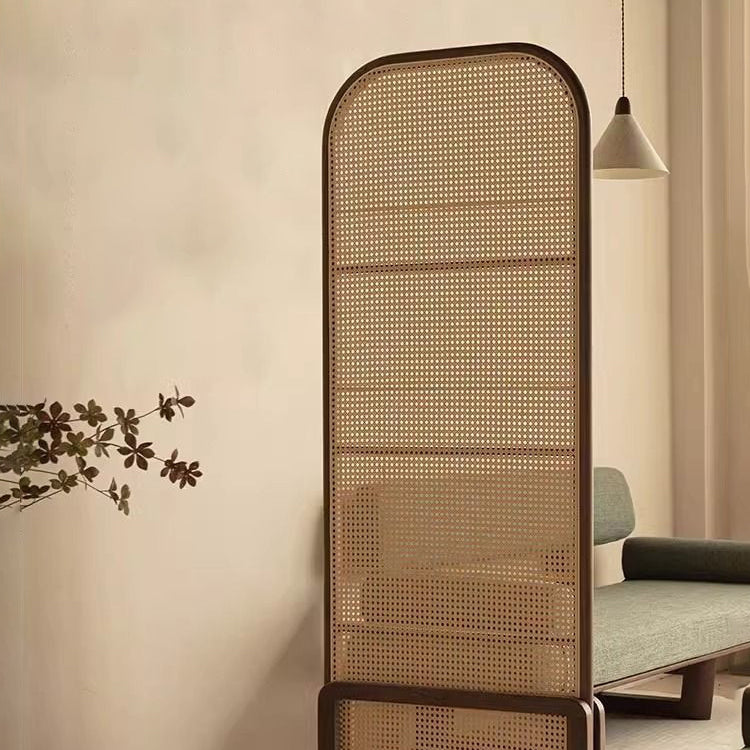 Traditional Chinese Rubberwood PE Rattan Room Divider With 3-Tier Storage Shelf For Living Room