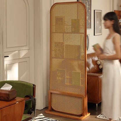 Traditional Chinese Rubberwood PE Rattan Room Divider With 3-Tier Storage Shelf For Living Room