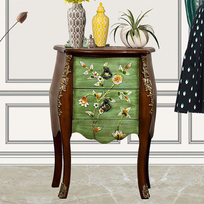 Traditional European Square Round Flower Painted Birch Rubber Wood MDF Metal Side Table 2-Drawer For Living Room