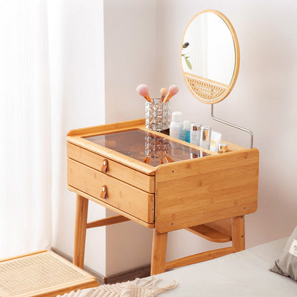 Traditional Rustic Rectangular Bamboo Stainless Steel Resin Glass Makeup Vanity 2-Drawer For Bedroom
