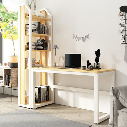 Modern Minimalist Rectangular Steel Particleboard Desks & 5-Tier Bookshelves For Home Office