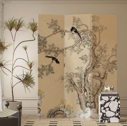 Traditional French Rectangular Fir Wood Solid Wood Plywood Cotton Canvas Floral And Bird Motif Room Divider For Living Room