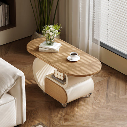Contemporary Scandinavian Oval Multi-Layer Solid Wood Carbon Steel Movable Side Table 1-Drawer For Living Room